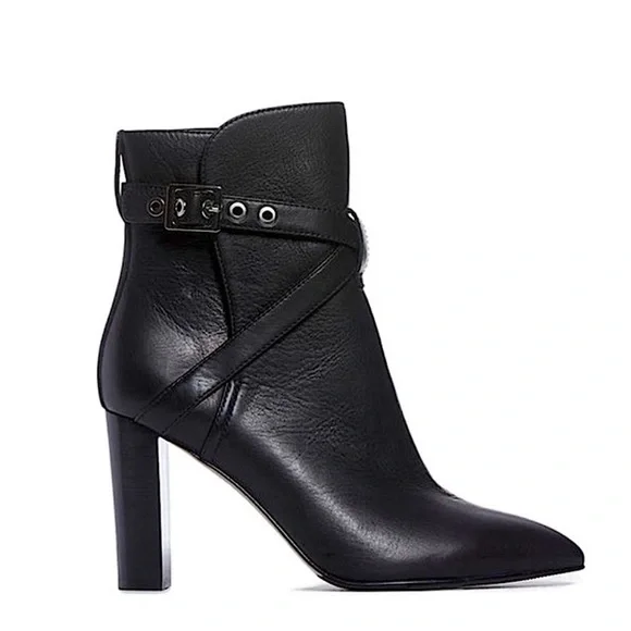 Paige Camille Pointed Toe Black Leather Buckle Straps Boots - Picture 2 of 9
